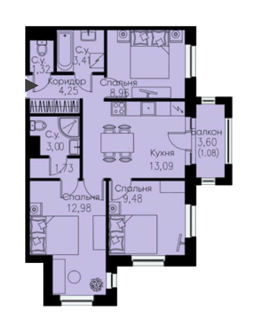 Трехкомнатная квартира в : площадь 59.3 м2 , этаж: 3 – купить в Санкт-Петербурге